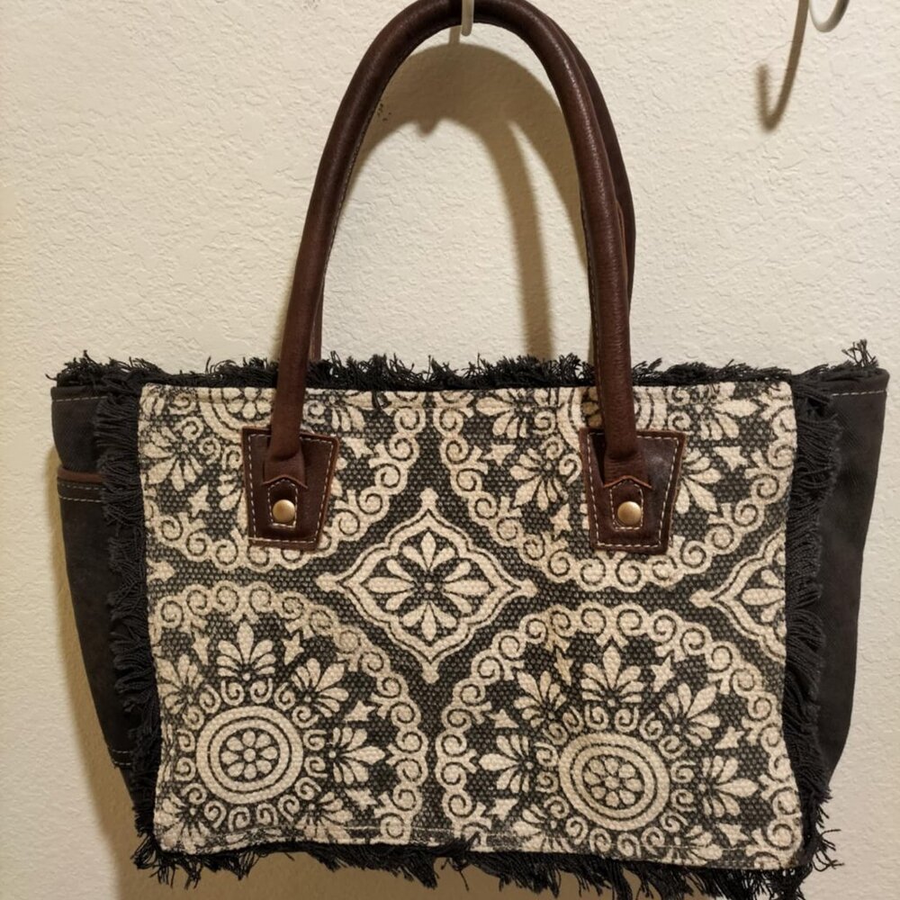 Women MYRA Uncycled Canvas Tote Handbag Purse Leather Shoulder Vintage Style